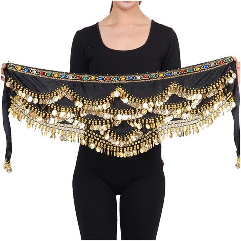 Women's Triangular Belly Dance Hip Scarf Wrap Black Skirts with Gold Coins